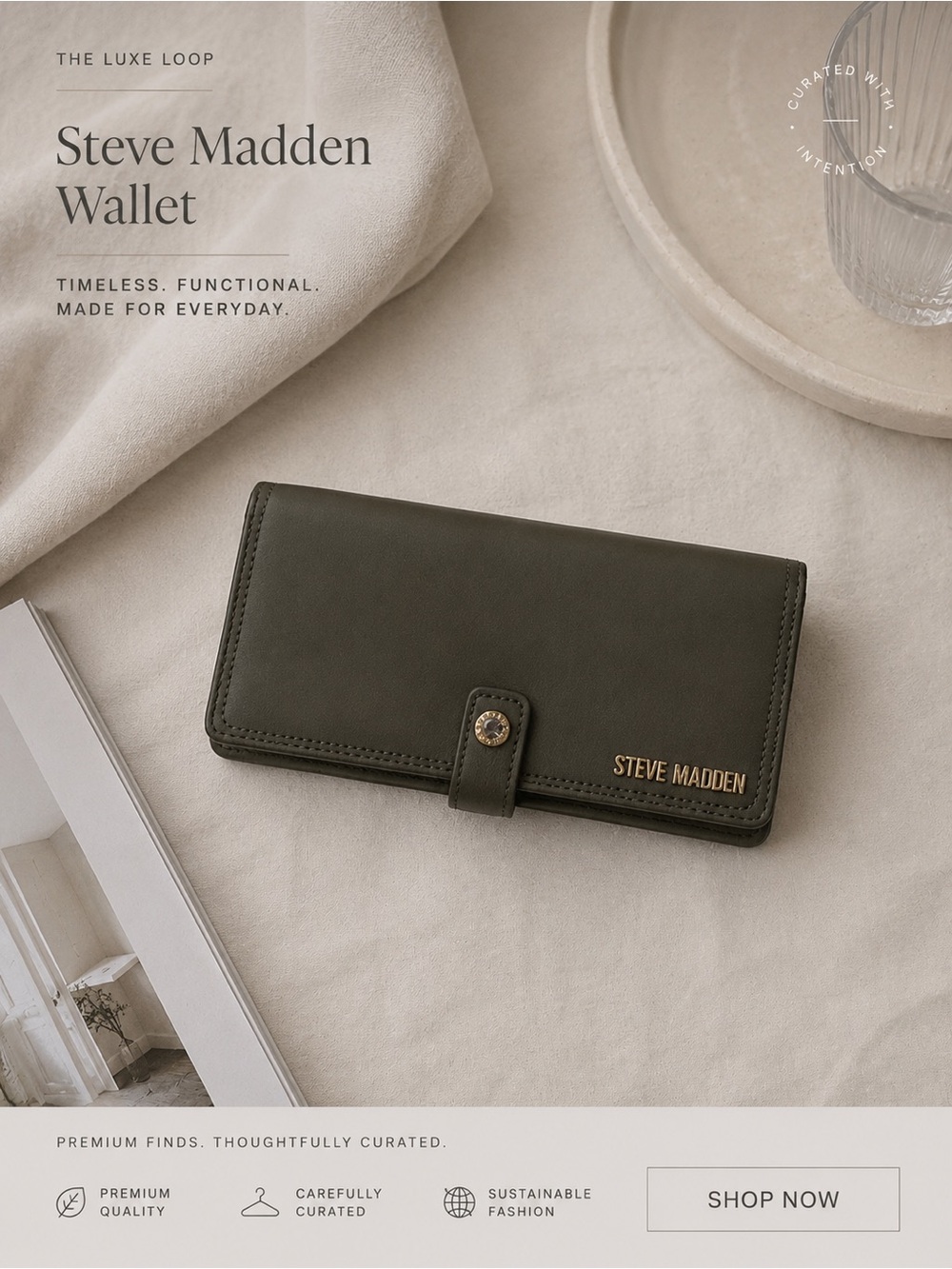Steve Madden Dark Olive Clutch Wallet with Gold Logo